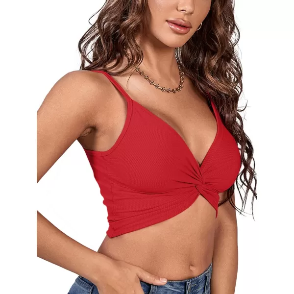 LYANER Women's Twist Knot Front Deep V Neck Rib Knit Sleeveless Cami Tank Crop Top