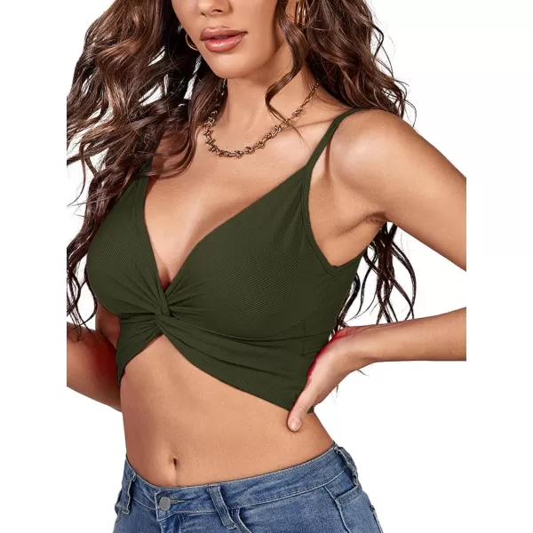 LYANER Women's Twist Knot Front Deep V Neck Rib Knit Sleeveless Cami Tank Crop Top