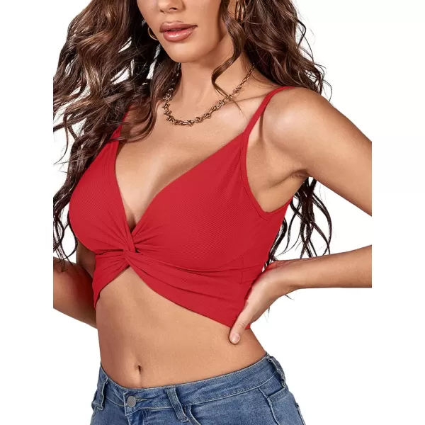 LYANER Women's Twist Knot Front Deep V Neck Rib Knit Sleeveless Cami Tank Crop Top