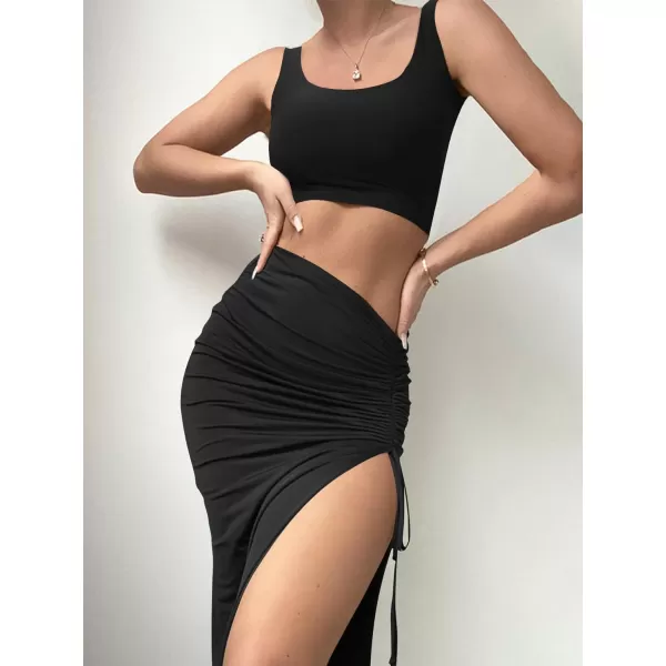 LYANER Women's Two Piece Dress Set High Split Drawstring Ruched Bodycon Long Skirt with Square Neck Crop Tank Top