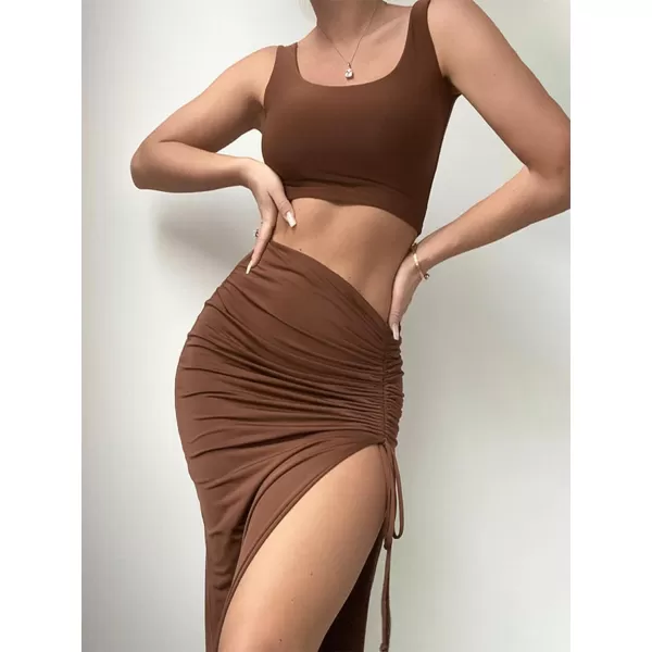 LYANER Women's Two Piece Dress Set High Split Drawstring Ruched Bodycon Long Skirt with Square Neck Crop Tank Top