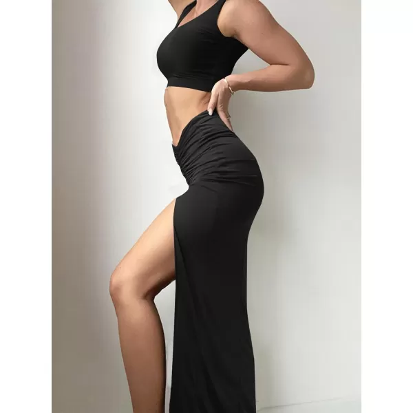 LYANER Women's Two Piece Dress Set High Split Drawstring Ruched Bodycon Long Skirt with Square Neck Crop Tank Top