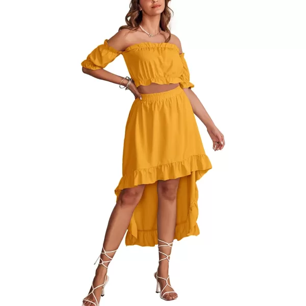 LYANER Women's Two Pieces Outfits Off Shoulder Crop Top and High Low Skirt Set