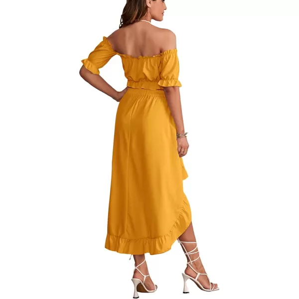 LYANER Women's Two Pieces Outfits Off Shoulder Crop Top and High Low Skirt Set