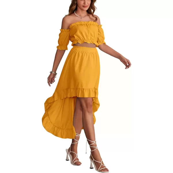 LYANER Women's Two Pieces Outfits Off Shoulder Crop Top and High Low Skirt Set