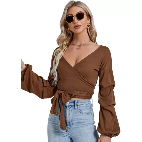 LYANER Women's V Neck Puff Long Sleeve Self Tie Knot Solid Wrap Crop Blouse T-Shirt Top
