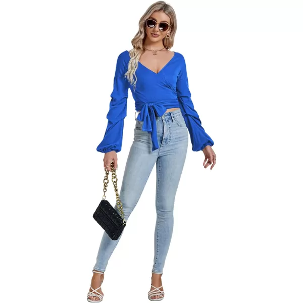 LYANER Women's V Neck Puff Long Sleeve Self Tie Knot Solid Wrap Crop Blouse T-Shirt Top