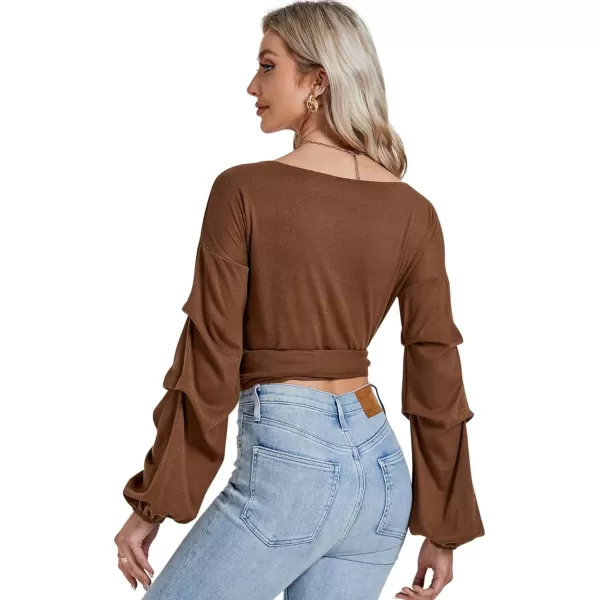 LYANER Women's V Neck Puff Long Sleeve Self Tie Knot Solid Wrap Crop Blouse T-Shirt Top