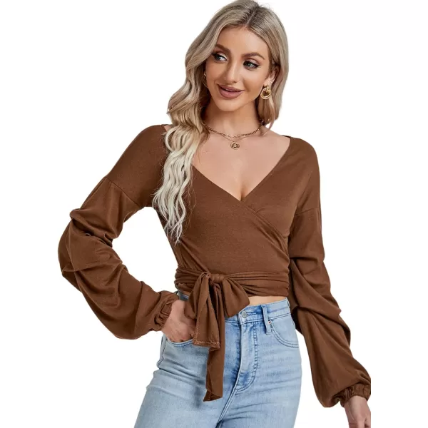 LYANER Women's V Neck Puff Long Sleeve Self Tie Knot Solid Wrap Crop Blouse T-Shirt Top