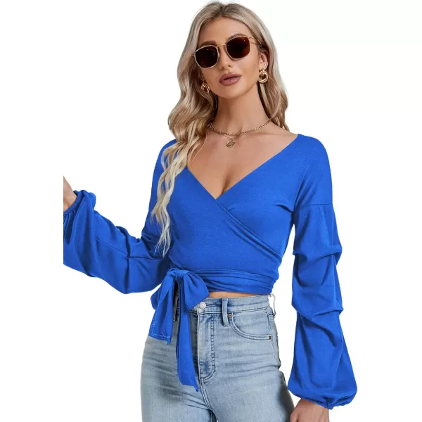 LYANER Women's V Neck Puff Long Sleeve Self Tie Knot Solid Wrap Crop Blouse T-Shirt Top