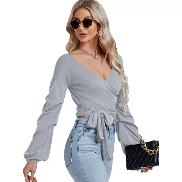 LYANER Women's V Neck Puff Long Sleeve Self Tie Knot Solid Wrap Crop Blouse T-Shirt Top