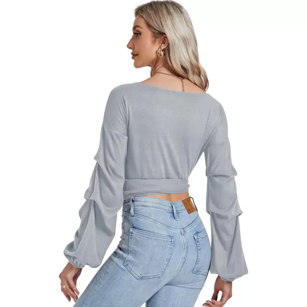 LYANER Women's V Neck Puff Long Sleeve Self Tie Knot Solid Wrap Crop Blouse T-Shirt Top
