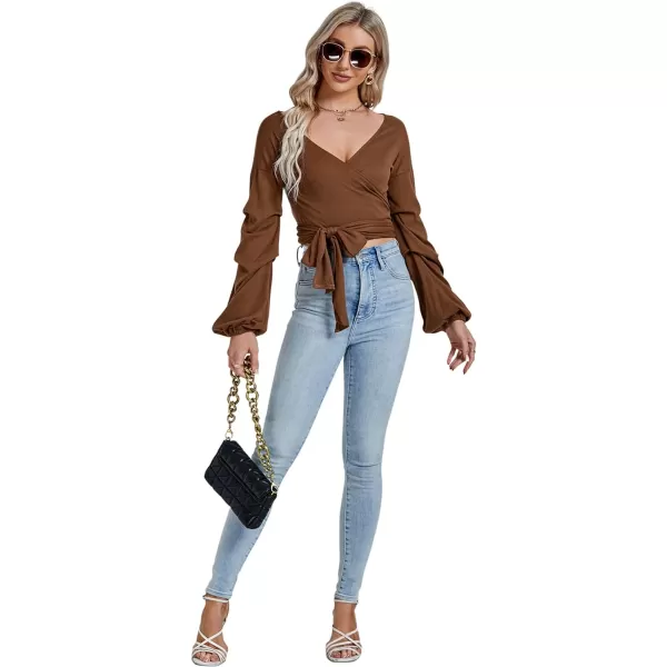 LYANER Women's V Neck Puff Long Sleeve Self Tie Knot Solid Wrap Crop Blouse T-Shirt Top
