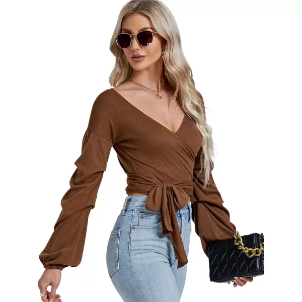LYANER Women's V Neck Puff Long Sleeve Self Tie Knot Solid Wrap Crop Blouse T-Shirt Top