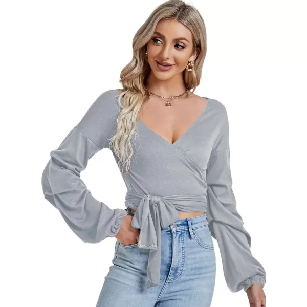 LYANER Women's V Neck Puff Long Sleeve Self Tie Knot Solid Wrap Crop Blouse T-Shirt Top