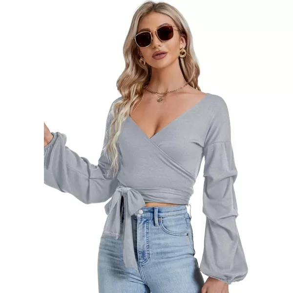 LYANER Women's V Neck Puff Long Sleeve Self Tie Knot Solid Wrap Crop Blouse T-Shirt Top