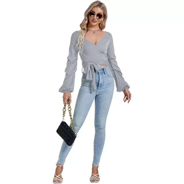 LYANER Women's V Neck Puff Long Sleeve Self Tie Knot Solid Wrap Crop Blouse T-Shirt Top