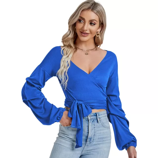 LYANER Women's V Neck Puff Long Sleeve Self Tie Knot Solid Wrap Crop Blouse T-Shirt Top