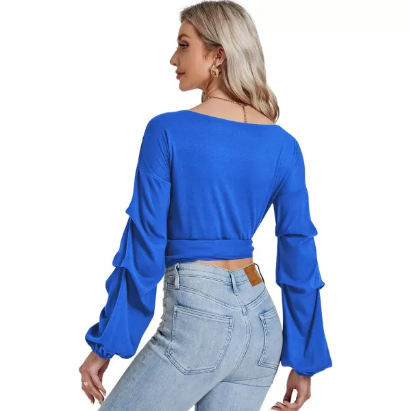 LYANER Women's V Neck Puff Long Sleeve Self Tie Knot Solid Wrap Crop Blouse T-Shirt Top