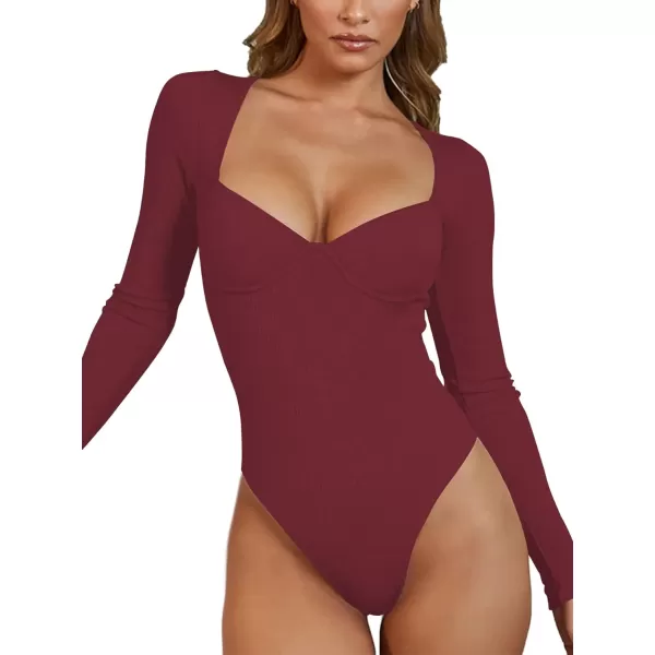 LYANER Women's V Neck Ribbed Knit Long Slevee Bodysuit Jumpsuit Leotard Top