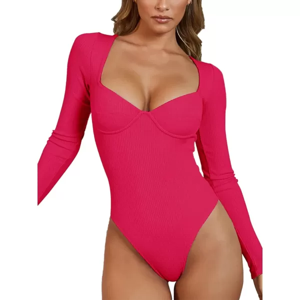 LYANER Women's V Neck Ribbed Knit Long Slevee Bodysuit Jumpsuit Leotard Top