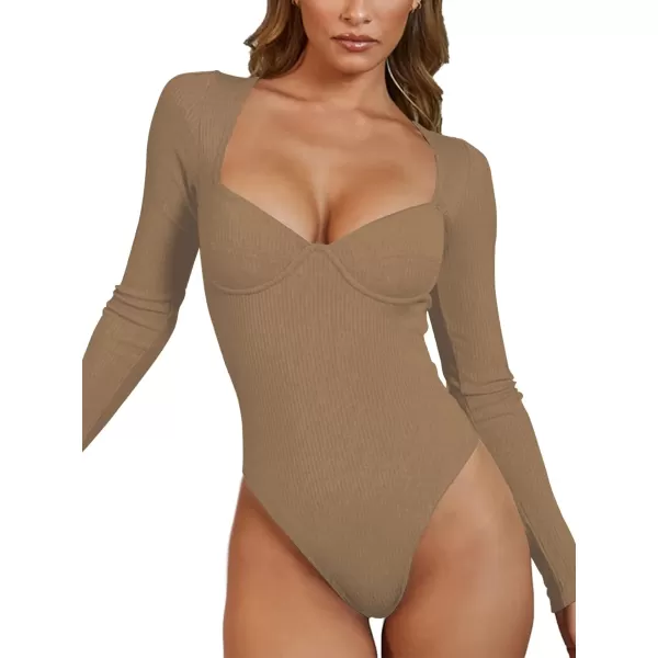 LYANER Women's V Neck Ribbed Knit Long Slevee Bodysuit Jumpsuit Leotard Top