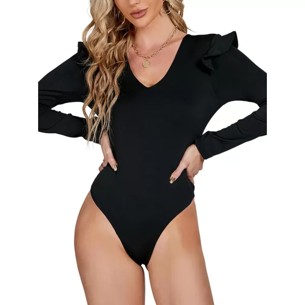 LYANER Women's V Neck Ruffle Trim Long Sleeve Slim Fitted Bodysuit Leotard Top