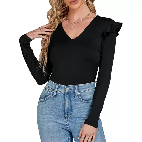 LYANER Women's V Neck Ruffle Trim Long Sleeve Slim Fitted Bodysuit Leotard Top