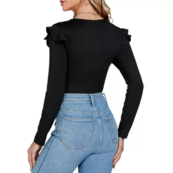LYANER Women's V Neck Ruffle Trim Long Sleeve Slim Fitted Bodysuit Leotard Top