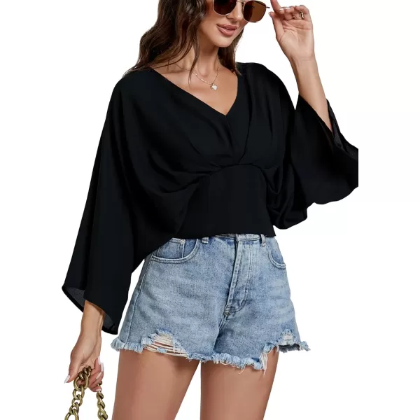 LYANER Women's V Neck Ruhed Tie Knot Back 3/4 Sleeve Crop Blouse Shirt Top