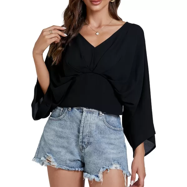 LYANER Women's V Neck Ruhed Tie Knot Back 3/4 Sleeve Crop Blouse Shirt Top