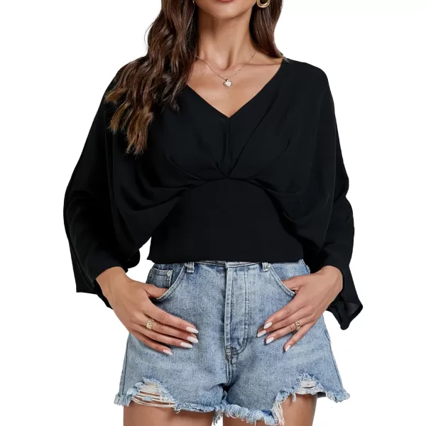 LYANER Women's V Neck Ruhed Tie Knot Back 3/4 Sleeve Crop Blouse Shirt Top