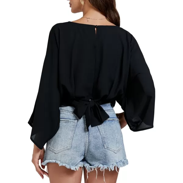 LYANER Women's V Neck Ruhed Tie Knot Back 3/4 Sleeve Crop Blouse Shirt Top
