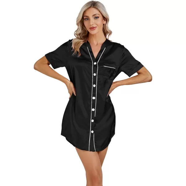 LYANER Women's V Neck Satin Button Down Short Sleeve Sleepshirt Sleepwear Nightgown