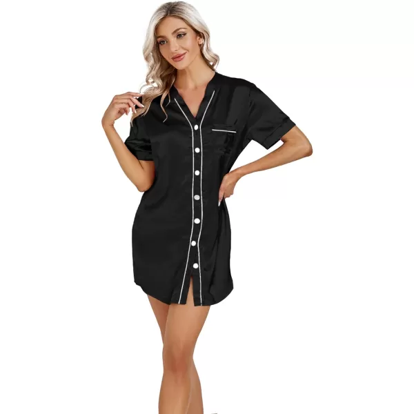 LYANER Women's V Neck Satin Button Down Short Sleeve Sleepshirt Sleepwear Nightgown