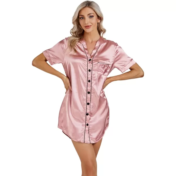 LYANER Women's V Neck Satin Button Down Short Sleeve Sleepshirt Sleepwear Nightgown