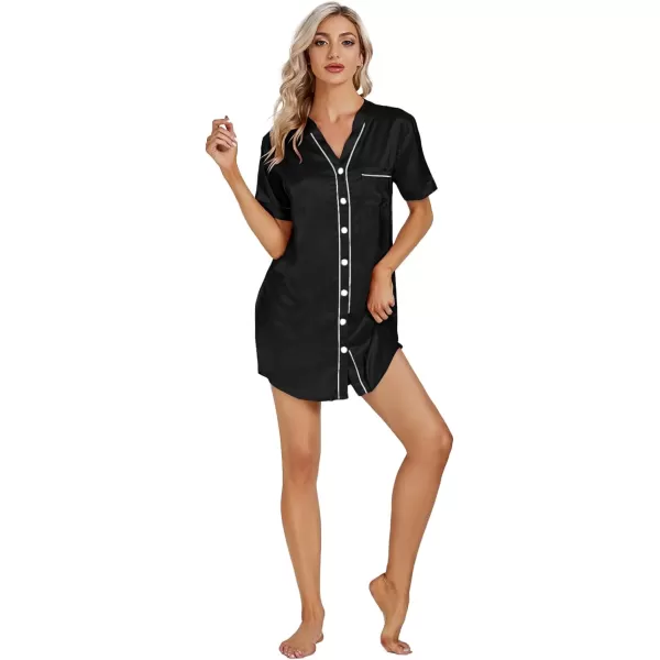 LYANER Women's V Neck Satin Button Down Short Sleeve Sleepshirt Sleepwear Nightgown