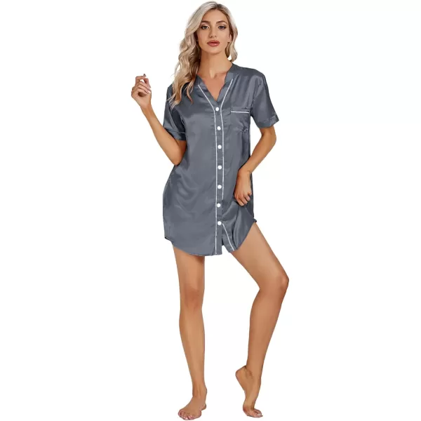 LYANER Women's V Neck Satin Button Down Short Sleeve Sleepshirt Sleepwear Nightgown