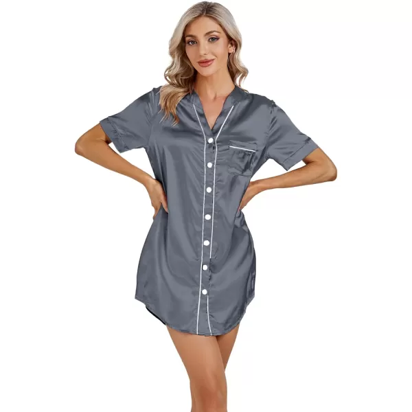 LYANER Women's V Neck Satin Button Down Short Sleeve Sleepshirt Sleepwear Nightgown