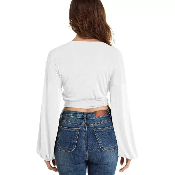 LYANER Women's V Neck Self Tie Knot Bishop Long Sleeve Wrap Crop Blouse T-Shirt Top