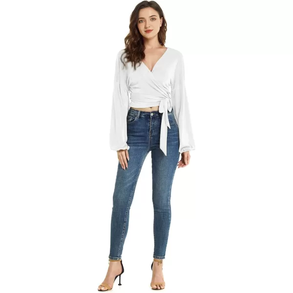 LYANER Women's V Neck Self Tie Knot Bishop Long Sleeve Wrap Crop Blouse T-Shirt Top
