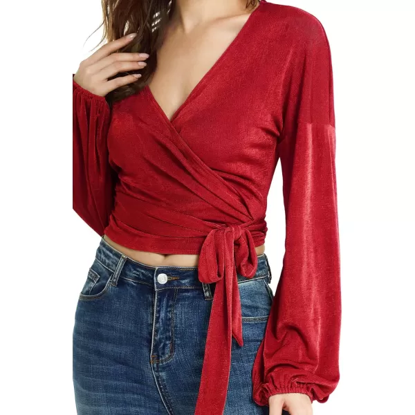 LYANER Women's V Neck Self Tie Knot Bishop Long Sleeve Wrap Crop Blouse T-Shirt Top