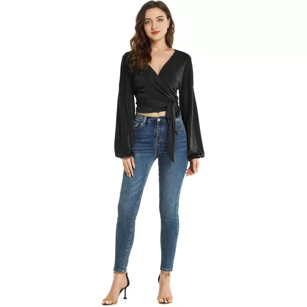 LYANER Women's V Neck Self Tie Knot Bishop Long Sleeve Wrap Crop Blouse T-Shirt Top