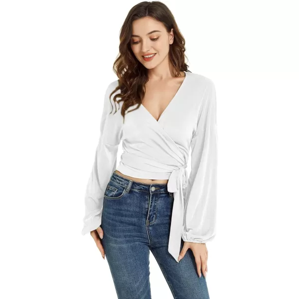 LYANER Women's V Neck Self Tie Knot Bishop Long Sleeve Wrap Crop Blouse T-Shirt Top