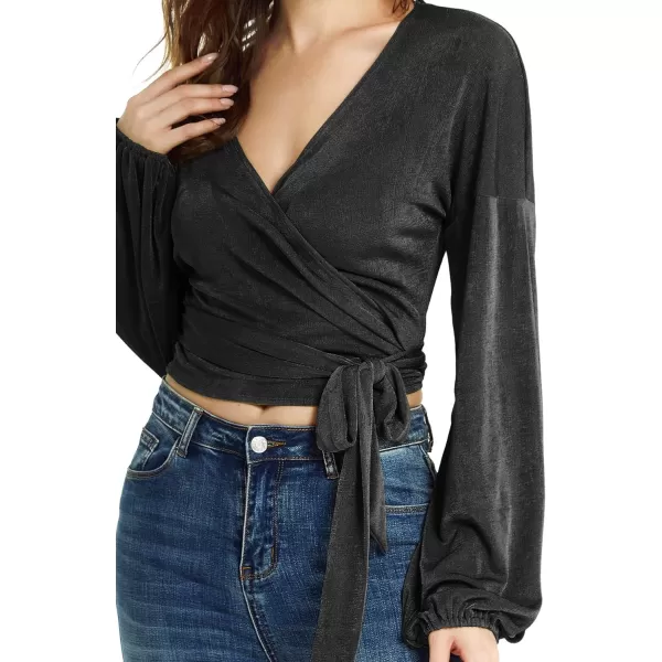 LYANER Women's V Neck Self Tie Knot Bishop Long Sleeve Wrap Crop Blouse T-Shirt Top