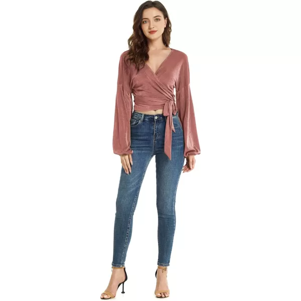 LYANER Women's V Neck Self Tie Knot Bishop Long Sleeve Wrap Crop Blouse T-Shirt Top