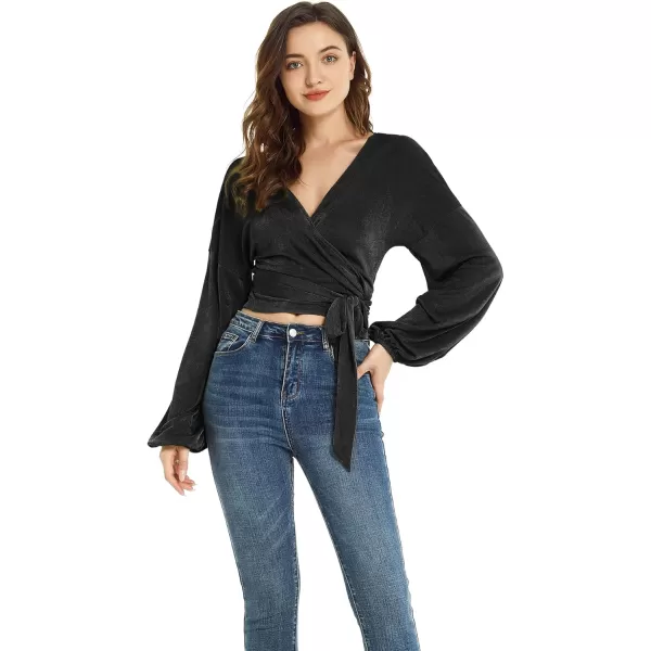 LYANER Women's V Neck Self Tie Knot Bishop Long Sleeve Wrap Crop Blouse T-Shirt Top