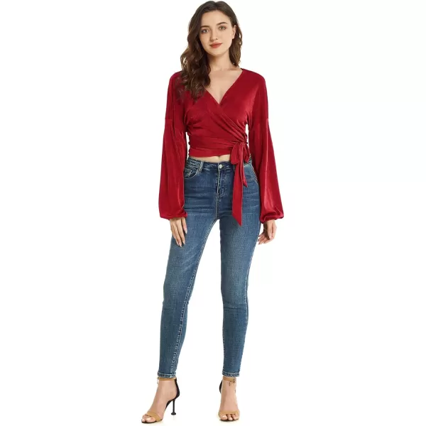 LYANER Women's V Neck Self Tie Knot Bishop Long Sleeve Wrap Crop Blouse T-Shirt Top