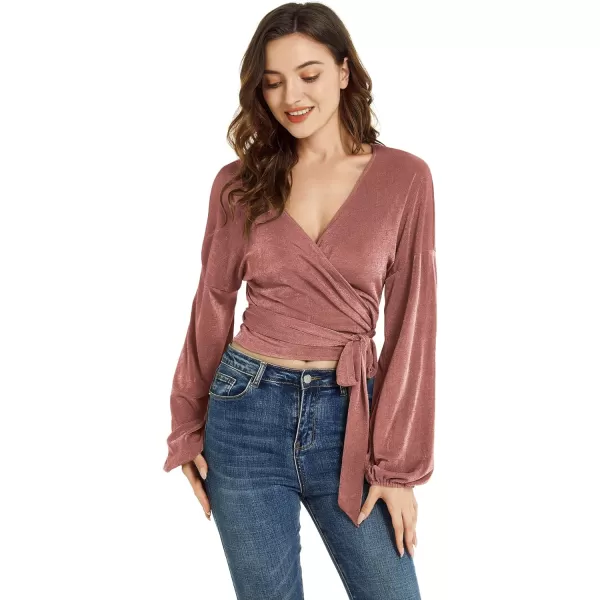 LYANER Women's V Neck Self Tie Knot Bishop Long Sleeve Wrap Crop Blouse T-Shirt Top