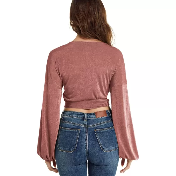 LYANER Women's V Neck Self Tie Knot Bishop Long Sleeve Wrap Crop Blouse T-Shirt Top